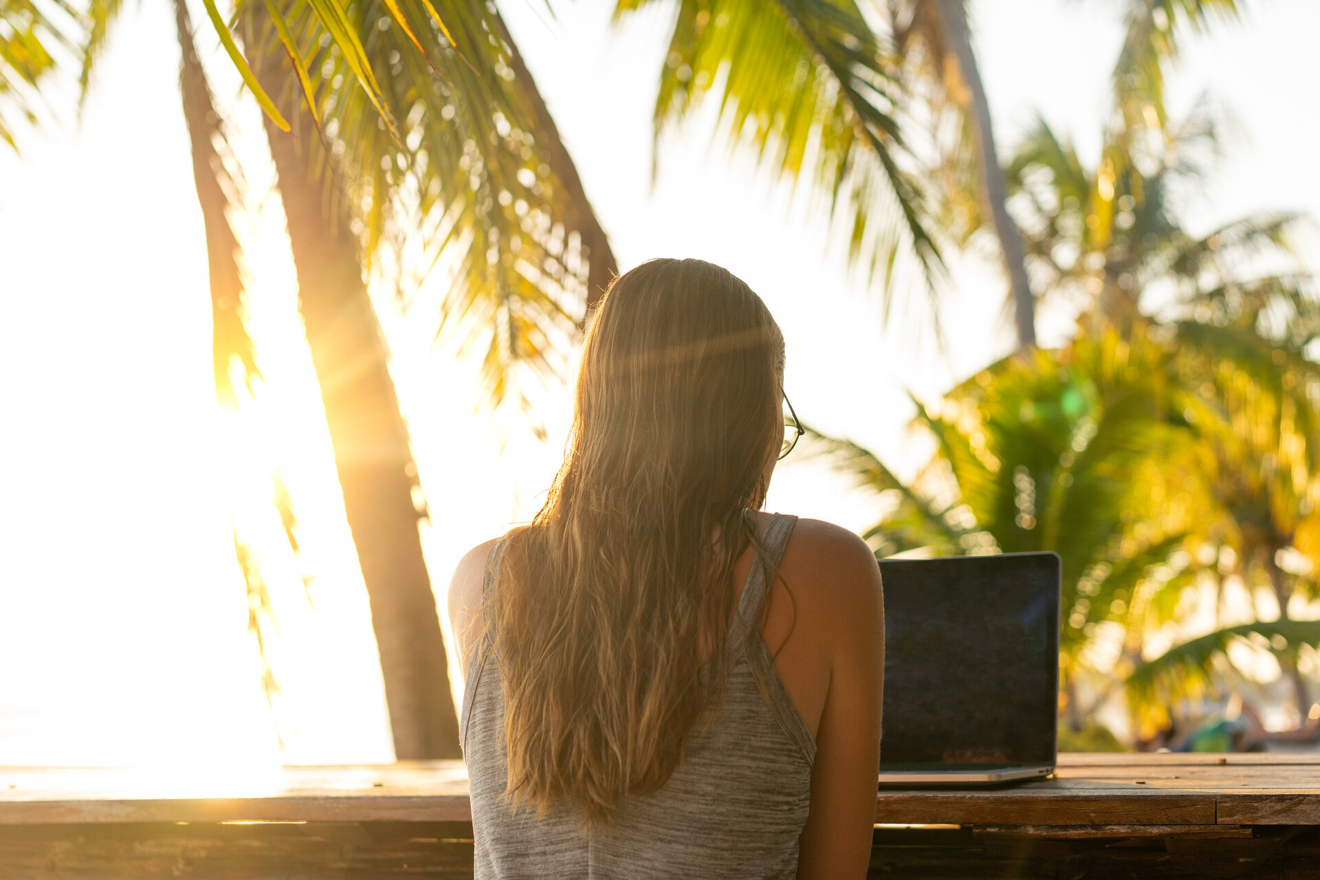 Woman working on laptop under the palm tress